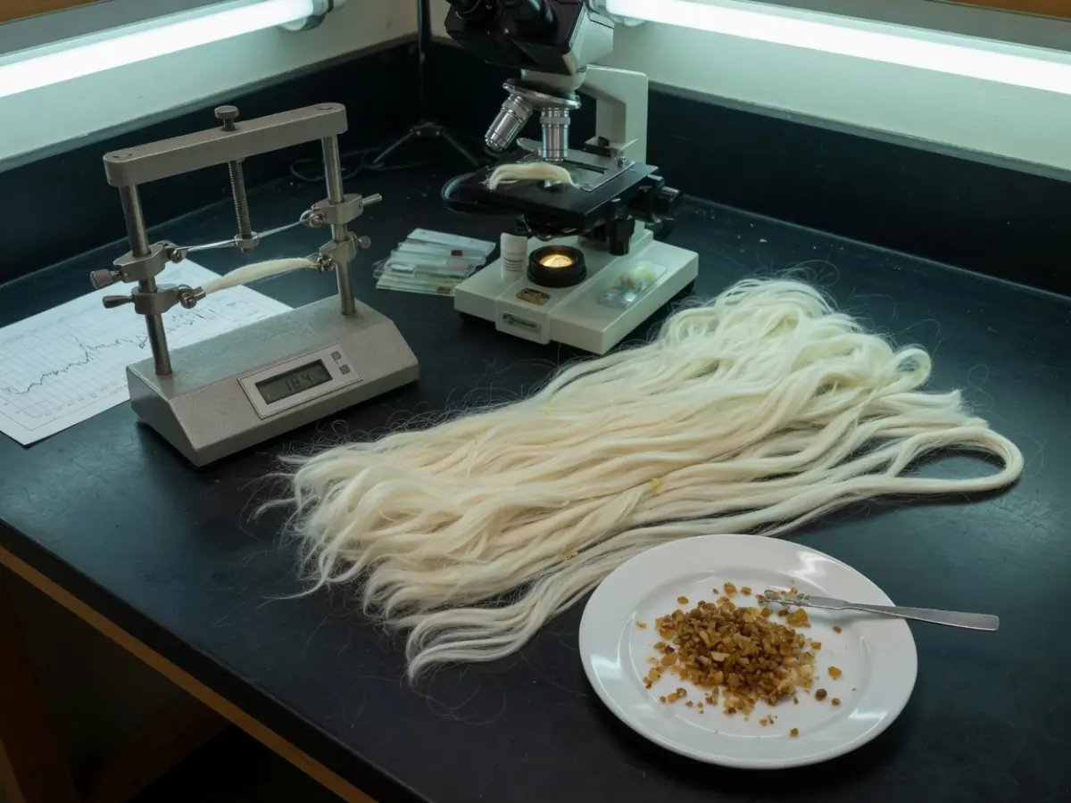 精干麻化验台：米白纤维、拉力夹与残胶样品
