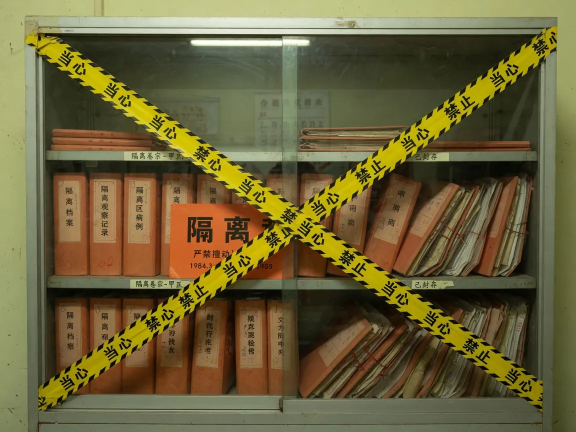 玻璃隔离柜里插着污染标签的卷宗