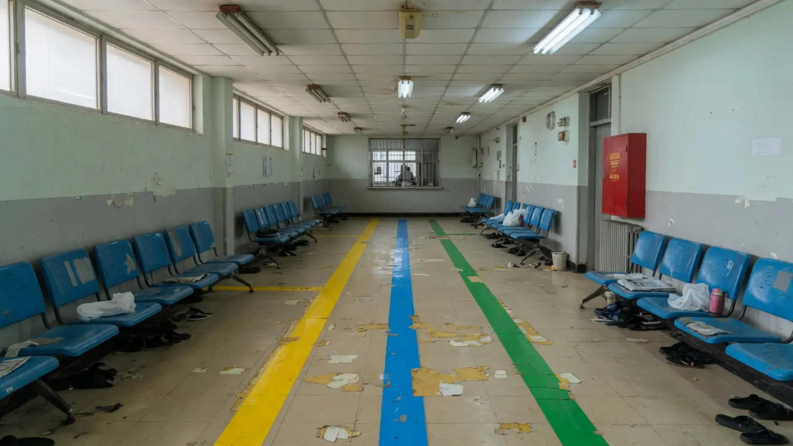 医院候诊廊：蓝椅、黄蓝绿三条地板导引带通向窗口