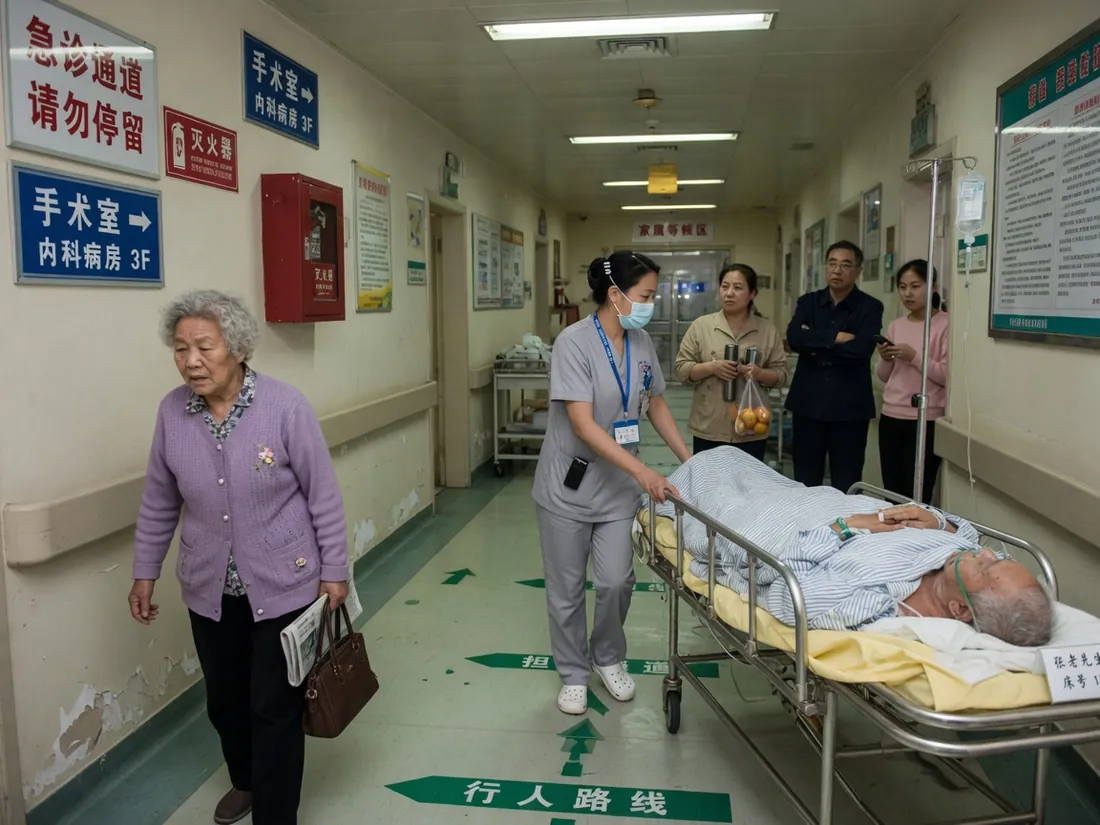 住院部走廊，绿色地板导引带指向病区