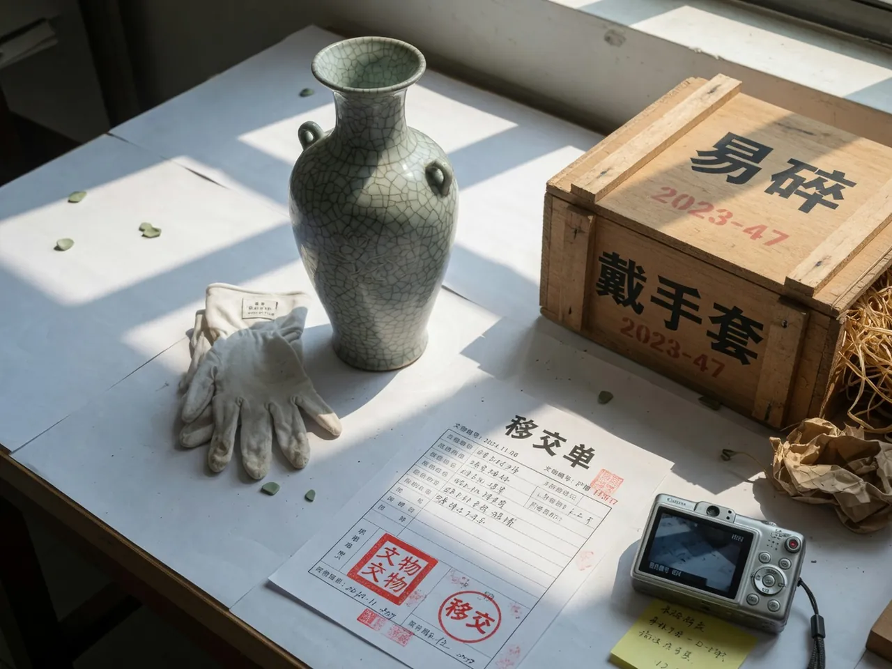 点交台上的三方朱印、手套与器物照片