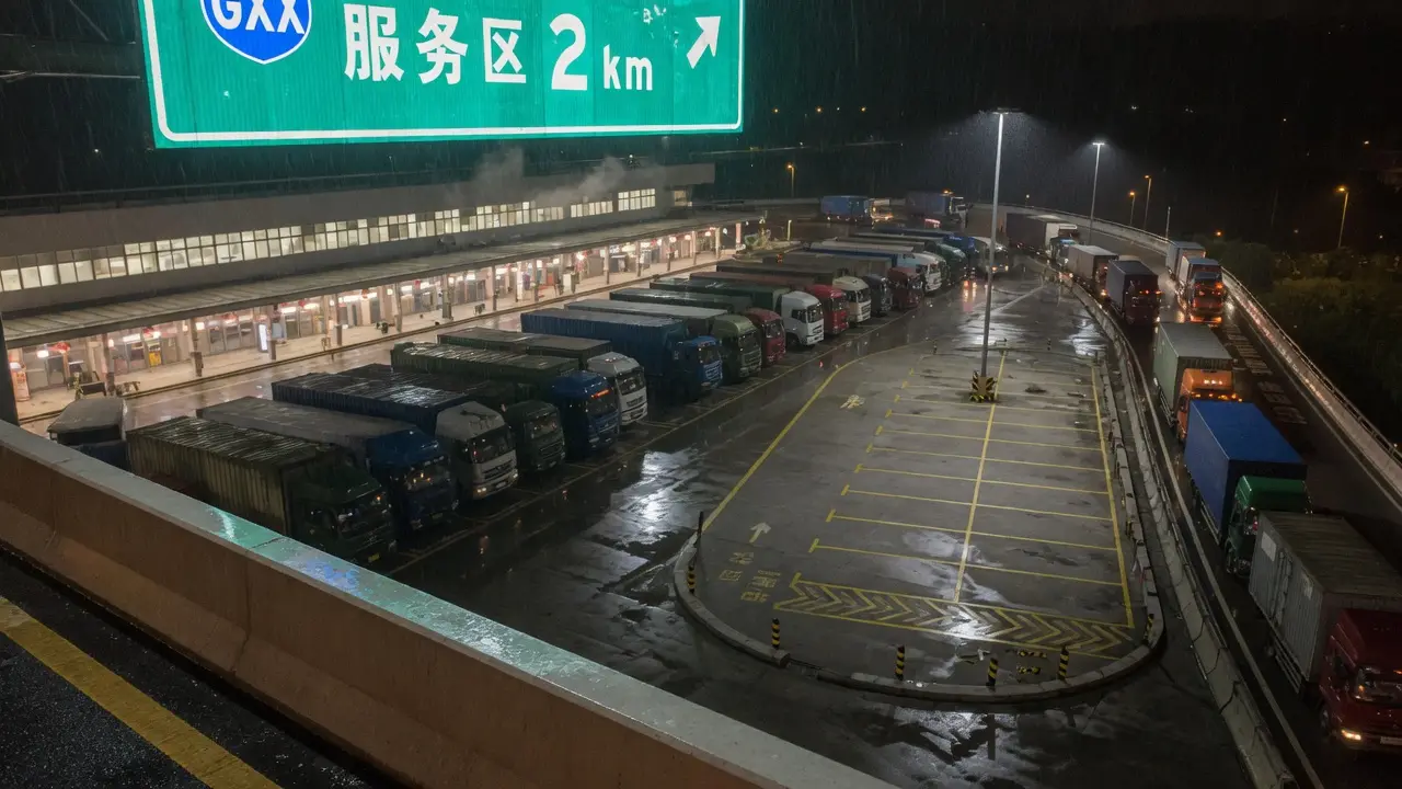 雨夜货车溢出匝道