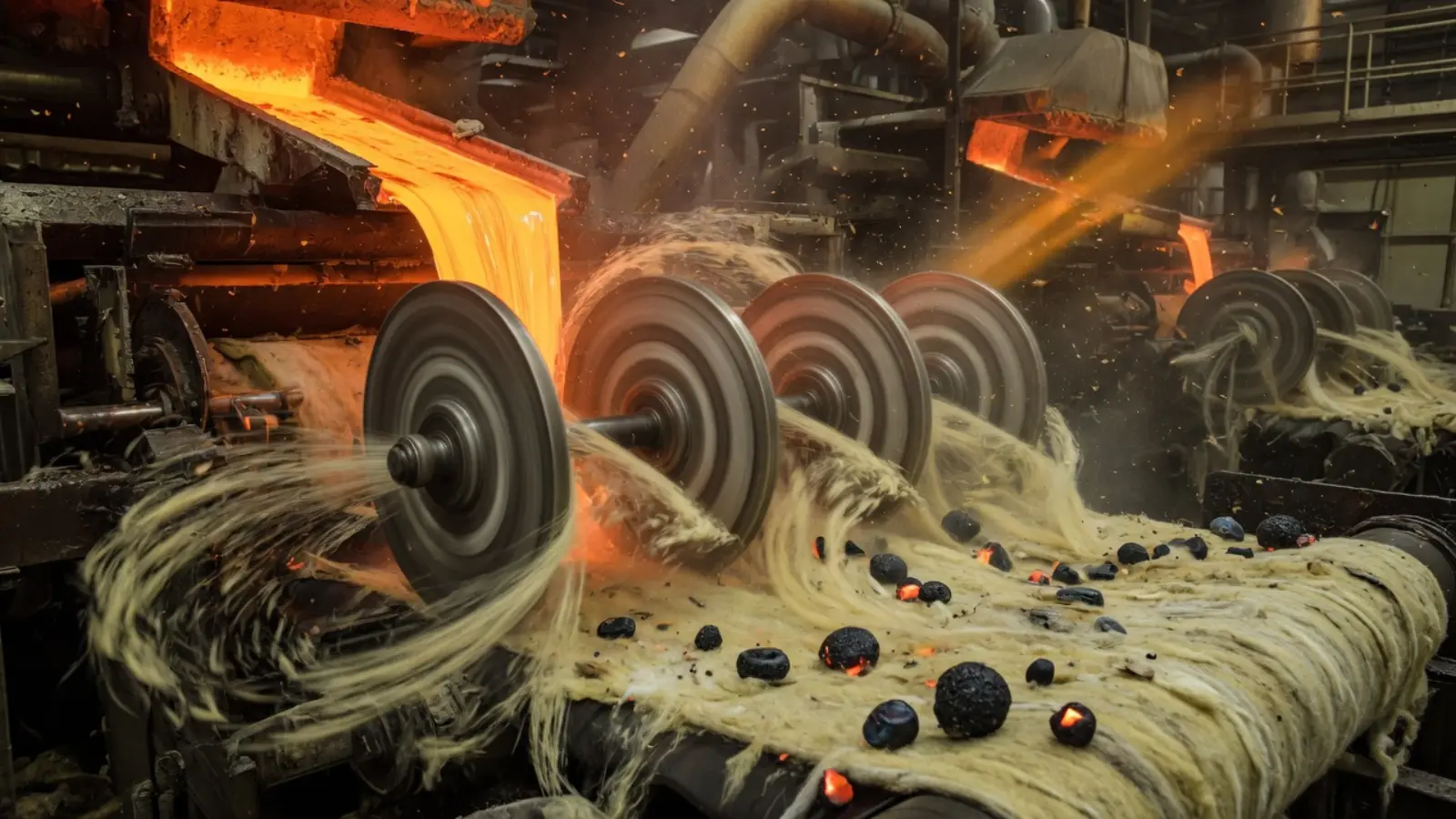冲天炉熔体浇到离心辊上甩成岩棉，棉毯上可见深色渣球