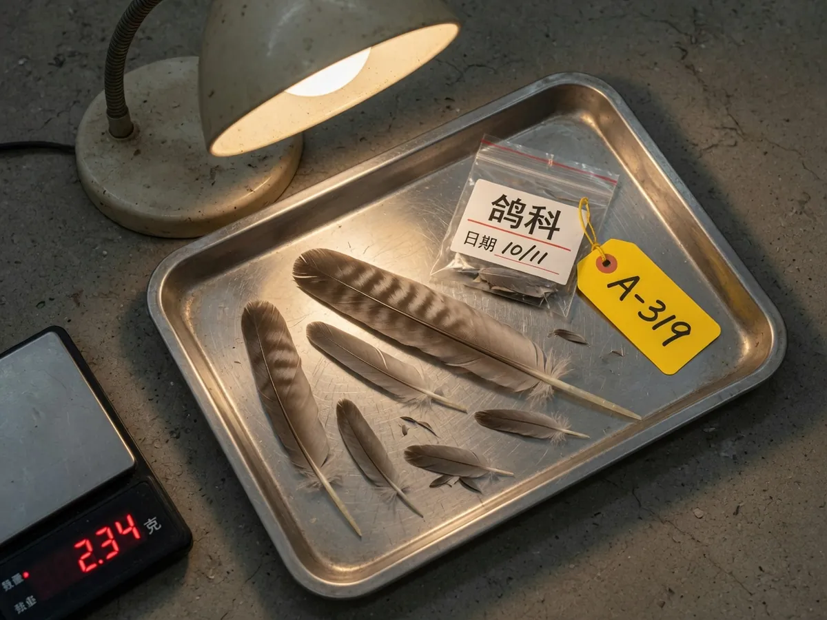 机库工作灯下托盘里的羽毛与待送检样本袋