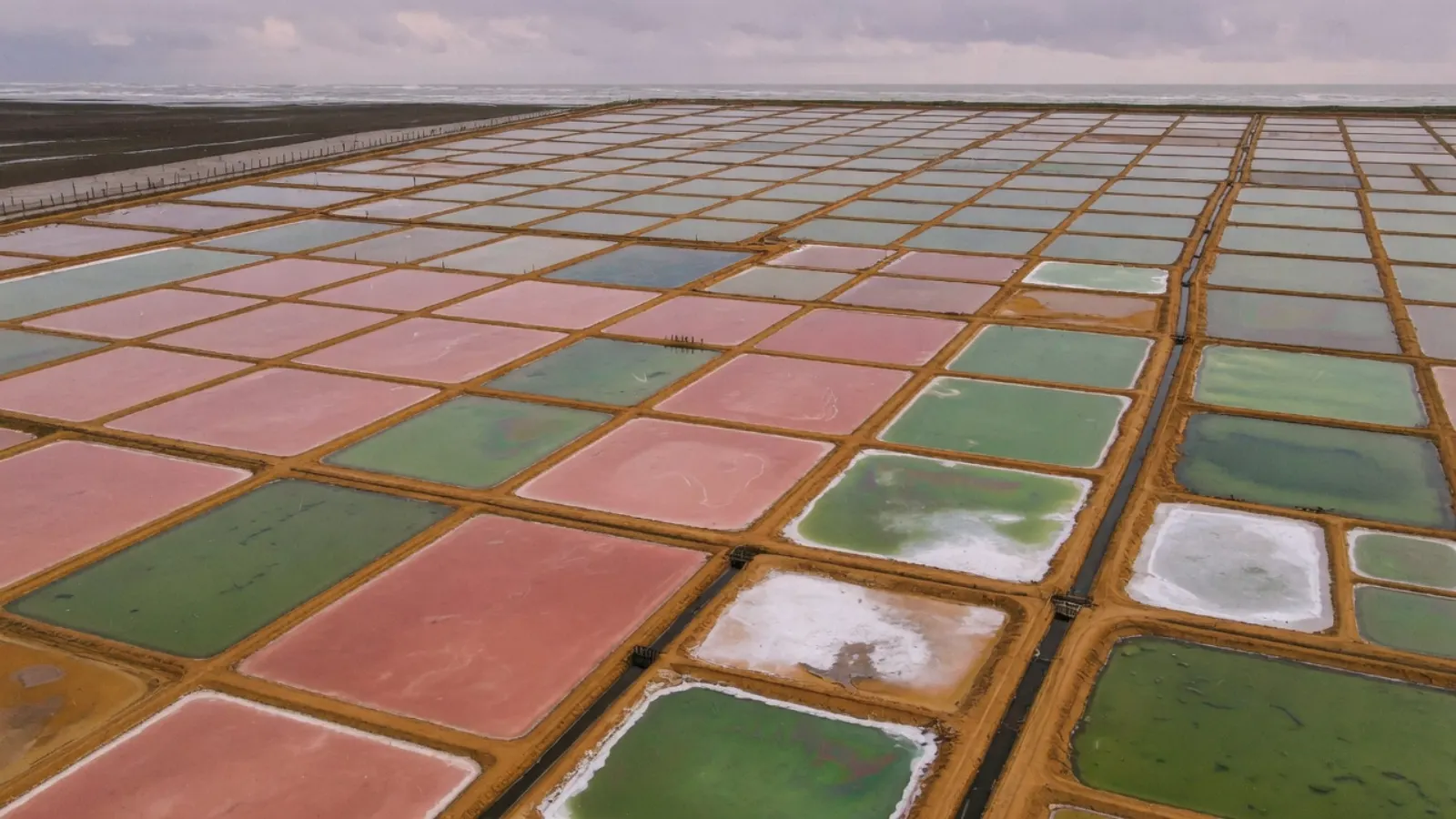 俯视盐田格田，卤水呈浅绯与青绿