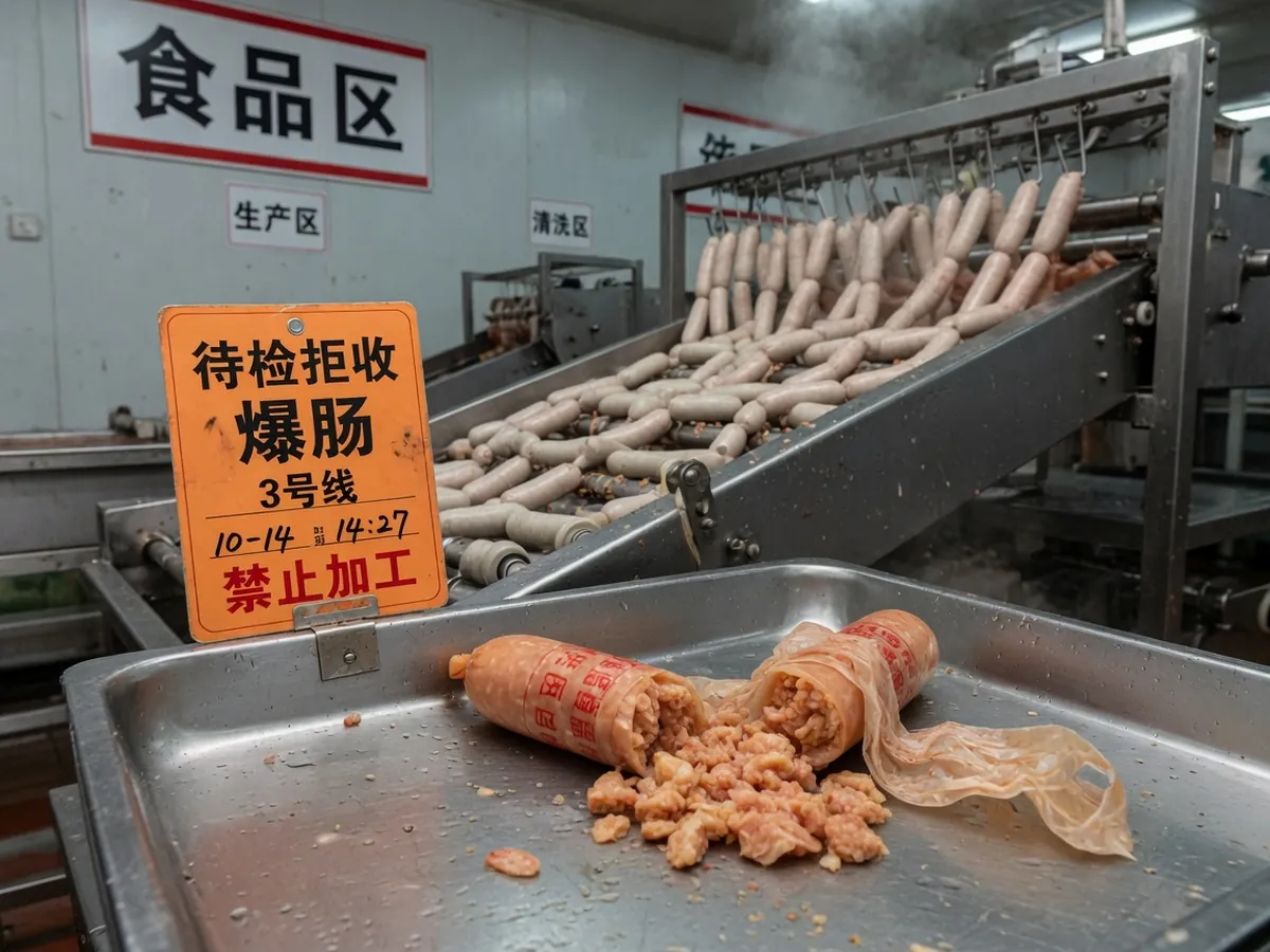 不锈钢拒收盘上的爆肠与红色扣留签