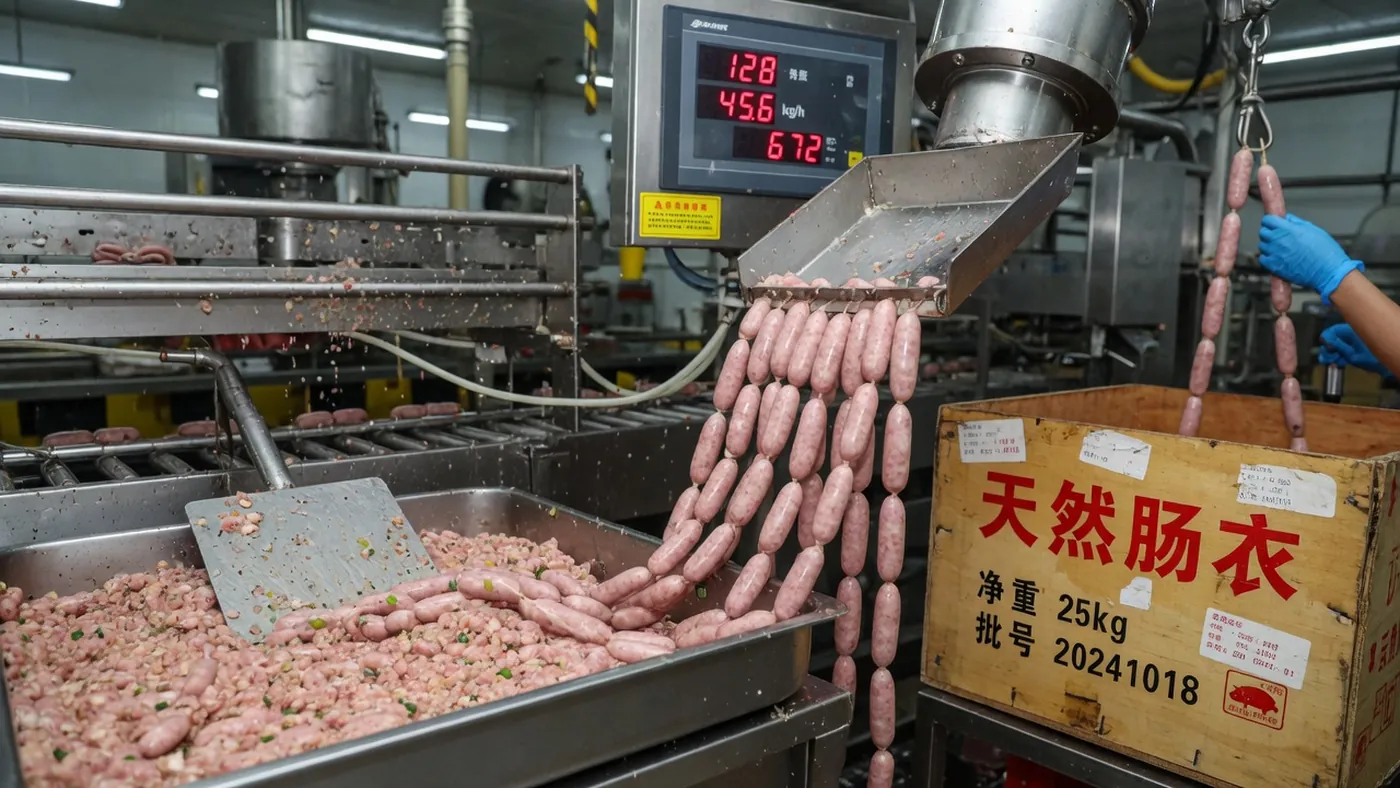 不锈钢灌装机：天然肠衣套在灌嘴上，馅料在料斗里