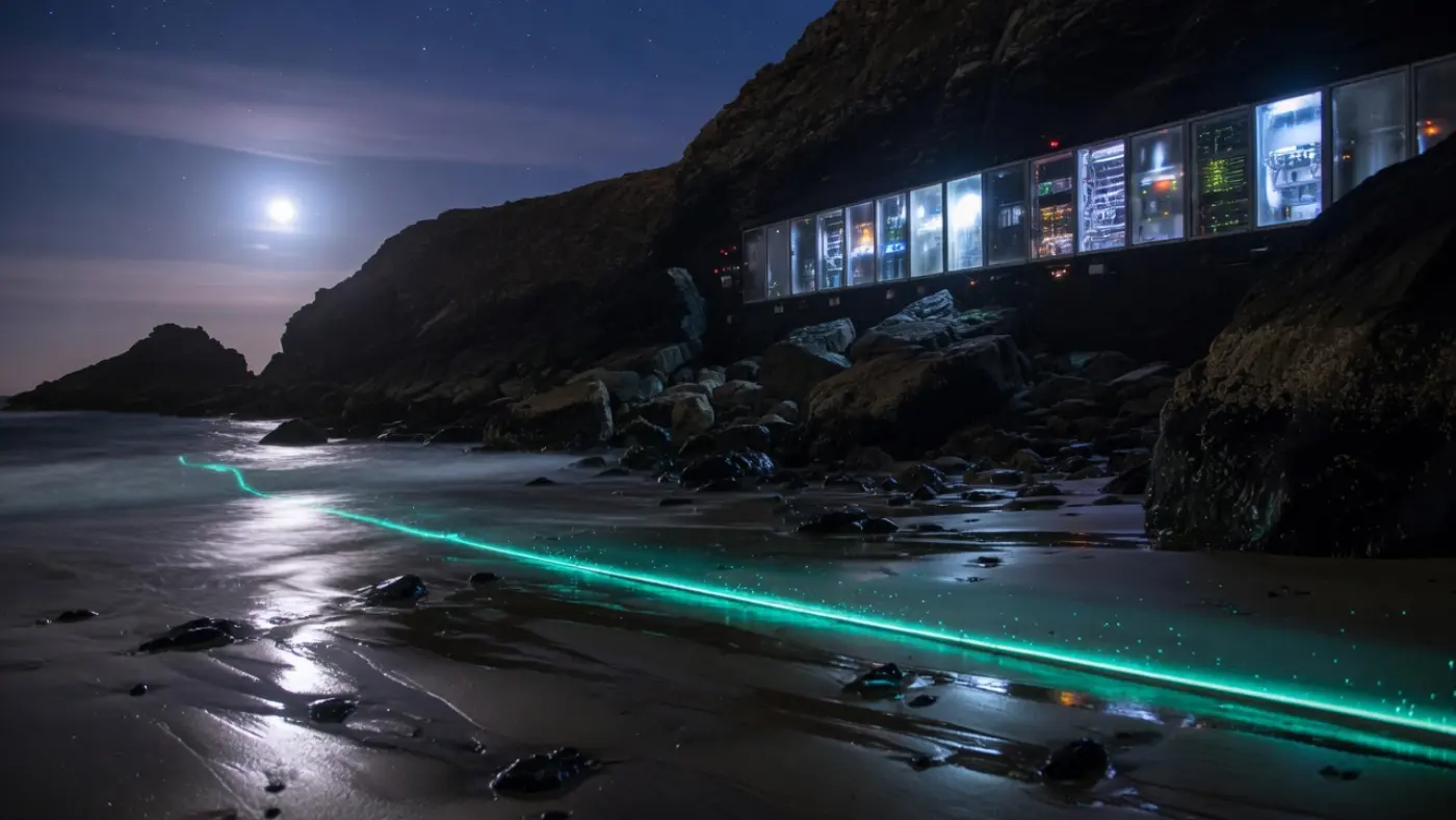 夜色海岸：湿沙上有一条青绿监测潮汐线，崖上有机房窗光