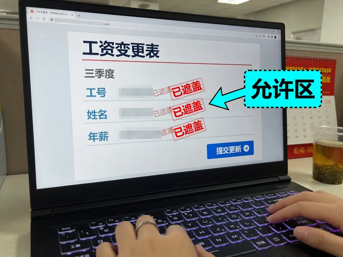 工资单上敏感字段打码，提交键标为允许区