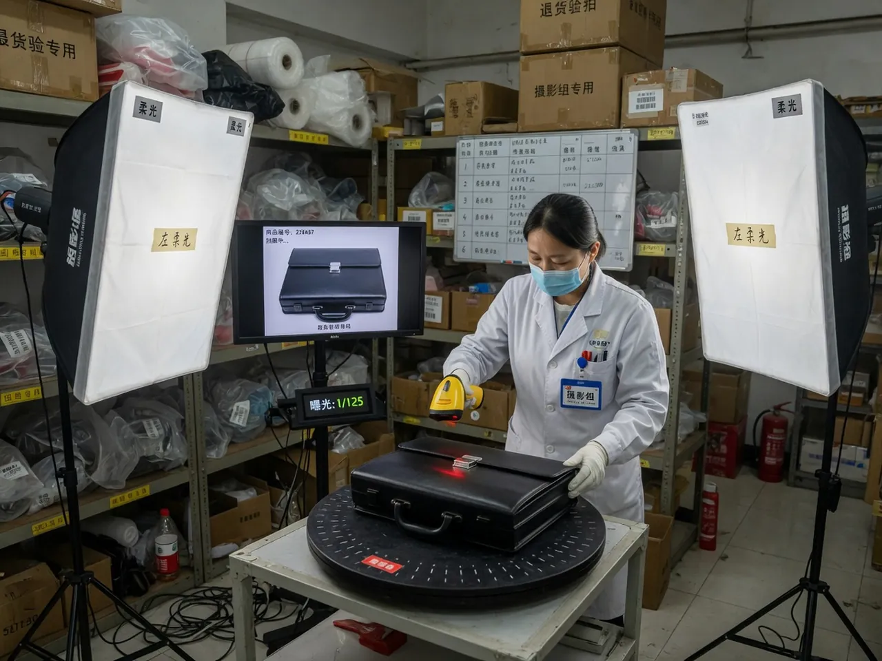 旋转台、柔光箱与扫码枪下的包袋拍照工位