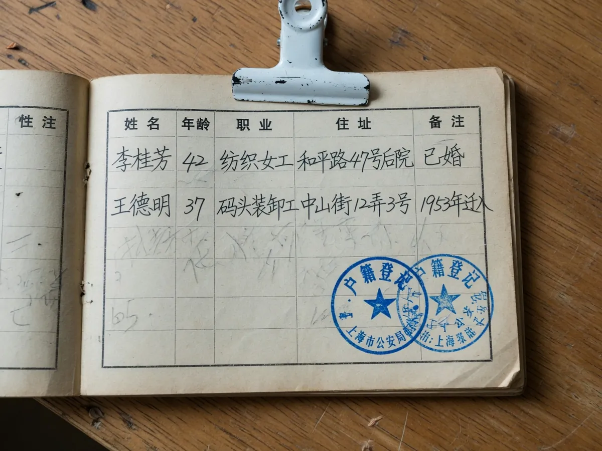 翻开的米黄普查册，炭黑栏线与蓝色印