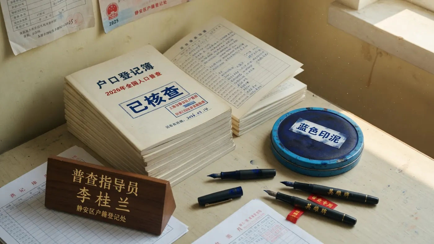 普查员台面：户口登记簿、蓝色印泥与钢笔