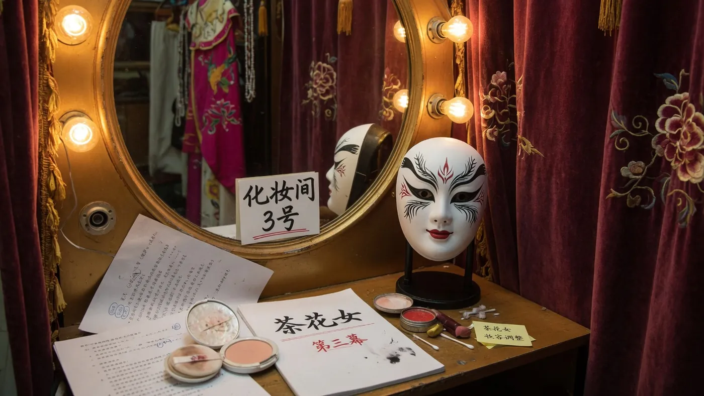 后台化妆镜与灯泡、白面具和戏单纸，暗红幕布