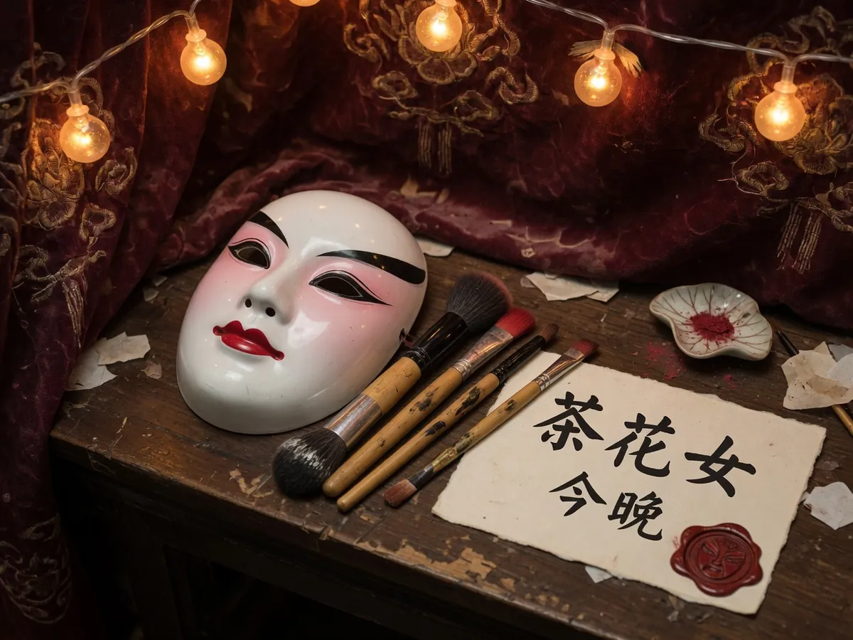 化妆台上的白面具与戏单，灯泡暖光