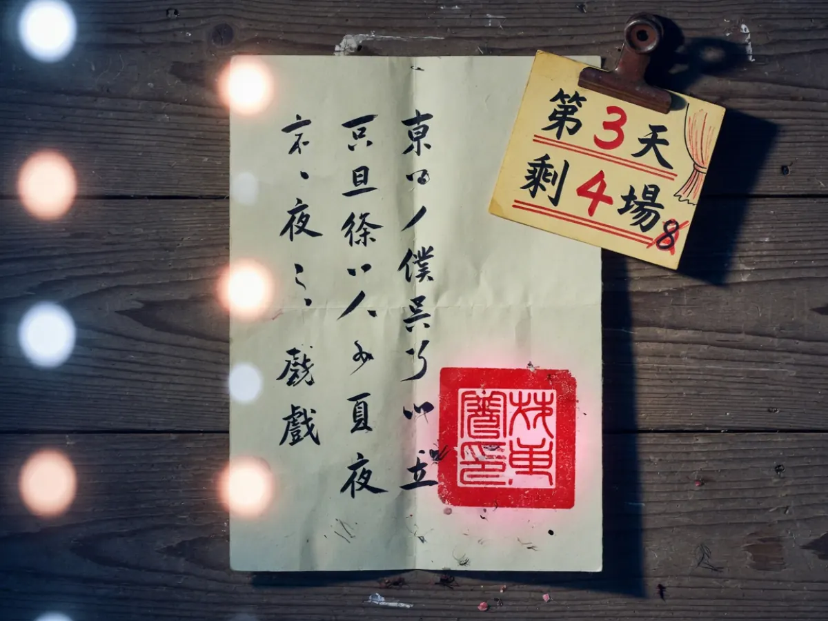 木桌上的竖版戏单与红印、夹着下场倒计时签
