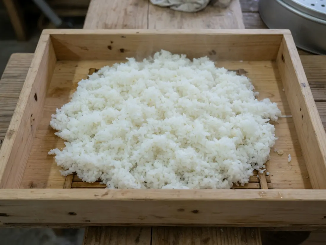 甑旁木盘里的蒸饭