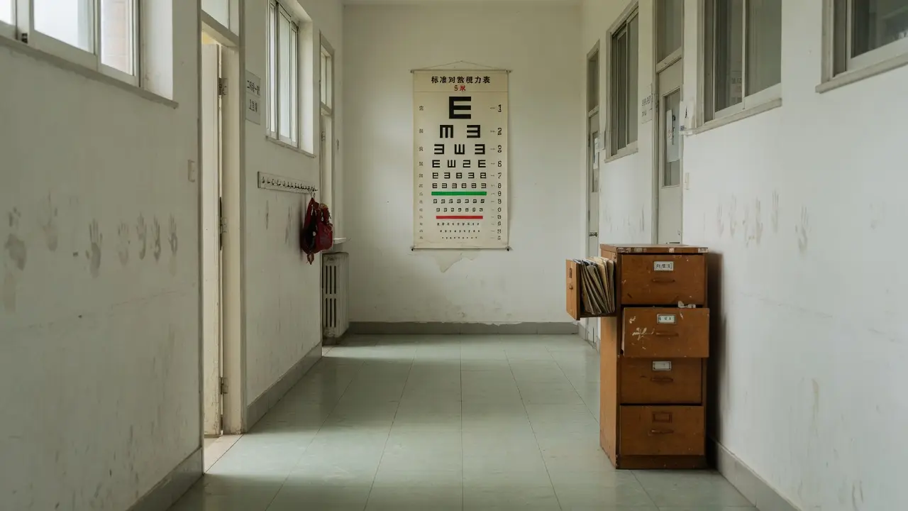 学校走廊尽头挂着标准对数视力表，旁边是木档案柜
