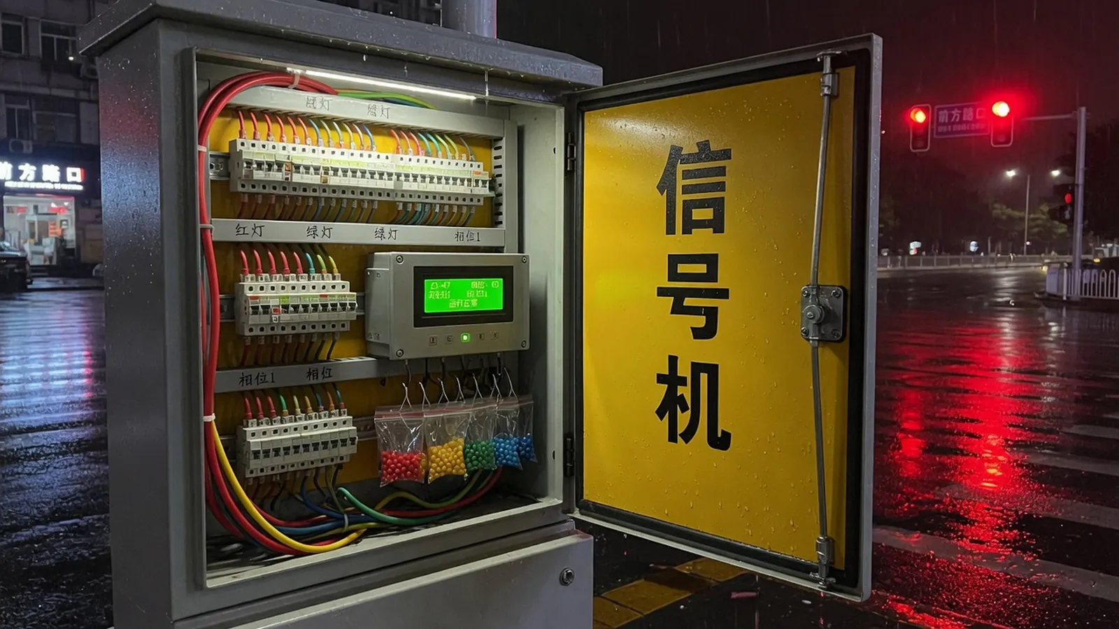 夜间打开的交通信号控制柜，端子、配时控制器与路口湿沥青