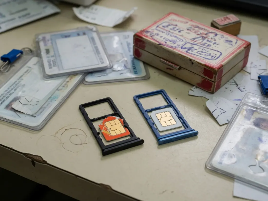 柜台上的 SIM 卡托与证件套，一张旧卡已被折断