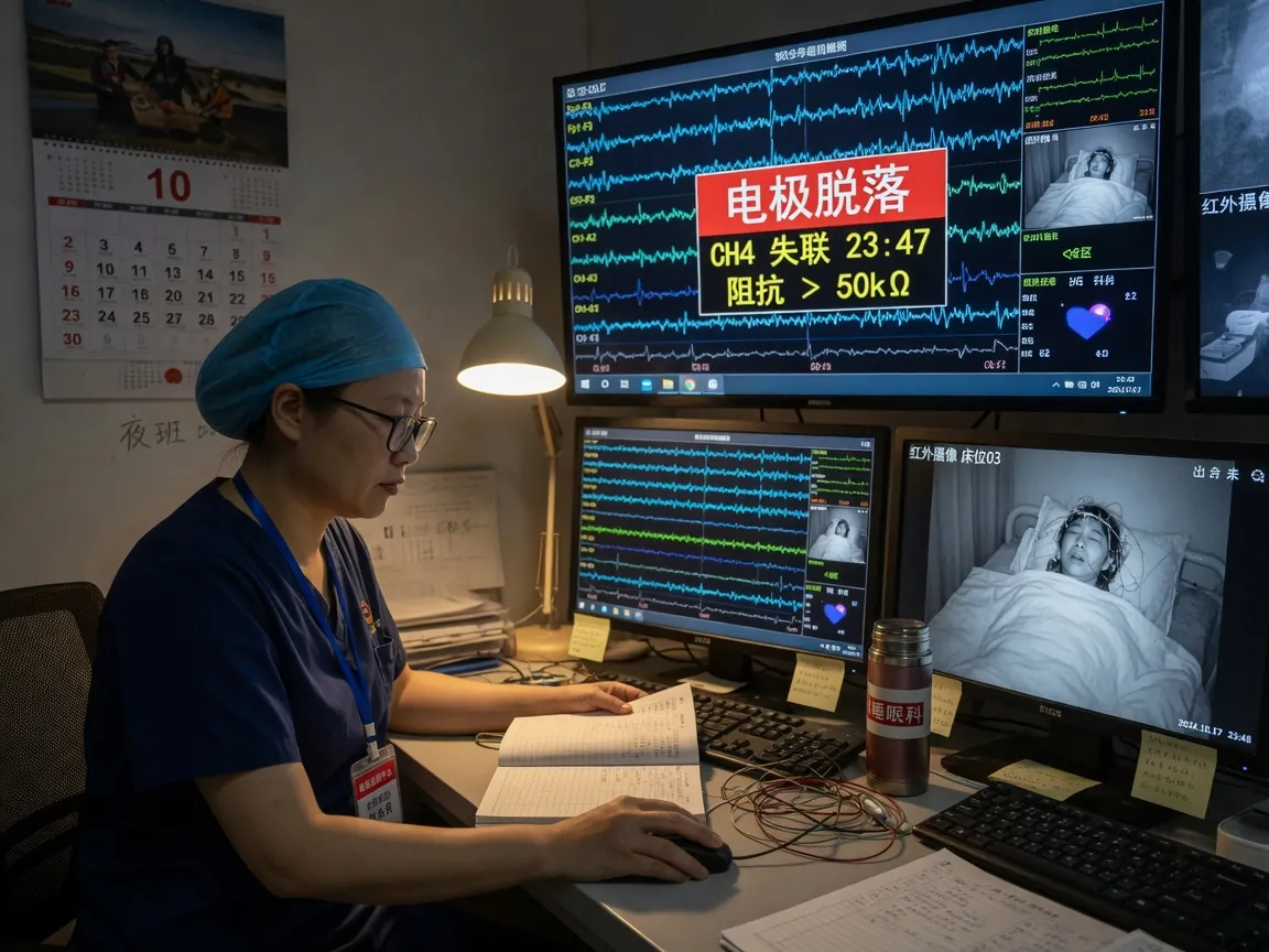 夜班监测席：电极脱落告警与床旁红外画面同屏
