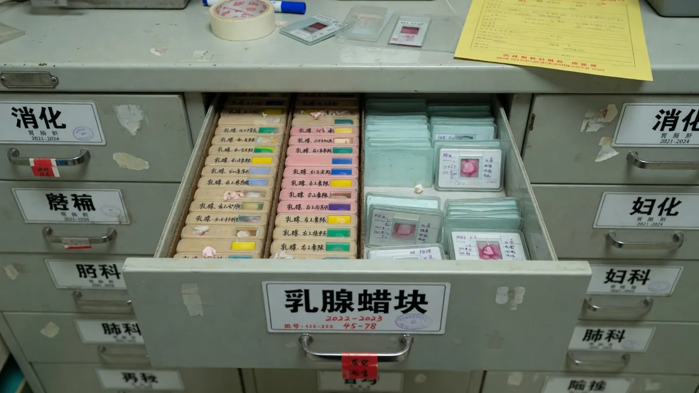 病理蜡块与玻片抽屉拉开，柜上贴着科室标签