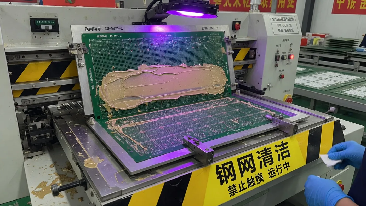 SMT 印刷机上的不锈钢钢网与绿板、黄色基准点