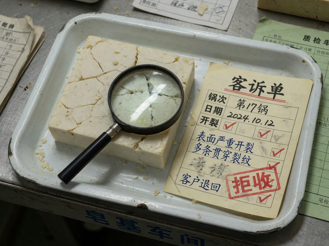 退回的工业皂块表面开裂，旁边是锅次卡