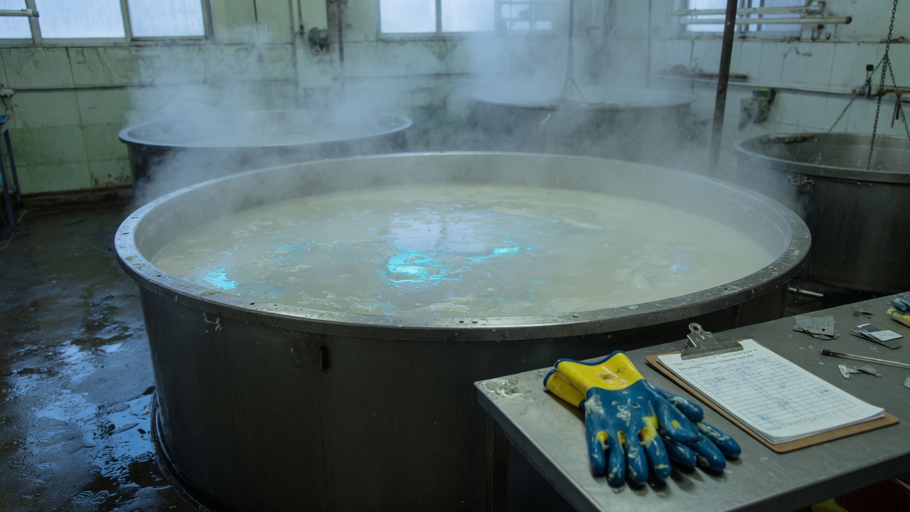 黎明皂厂里一口不锈钢皂化锅：乳白皂浆分层浮起，蒸汽成釉色条带