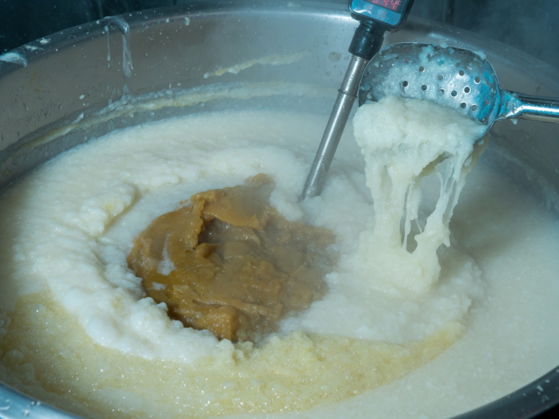 皂化中的乳白皂浆，取样勺提起一条未清的生心