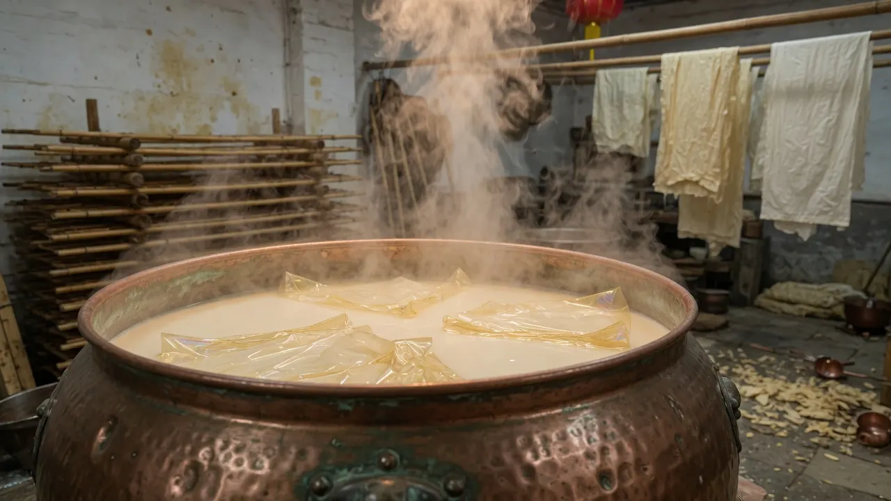 铜锅豆浆表面刚结出一层暖金薄膜