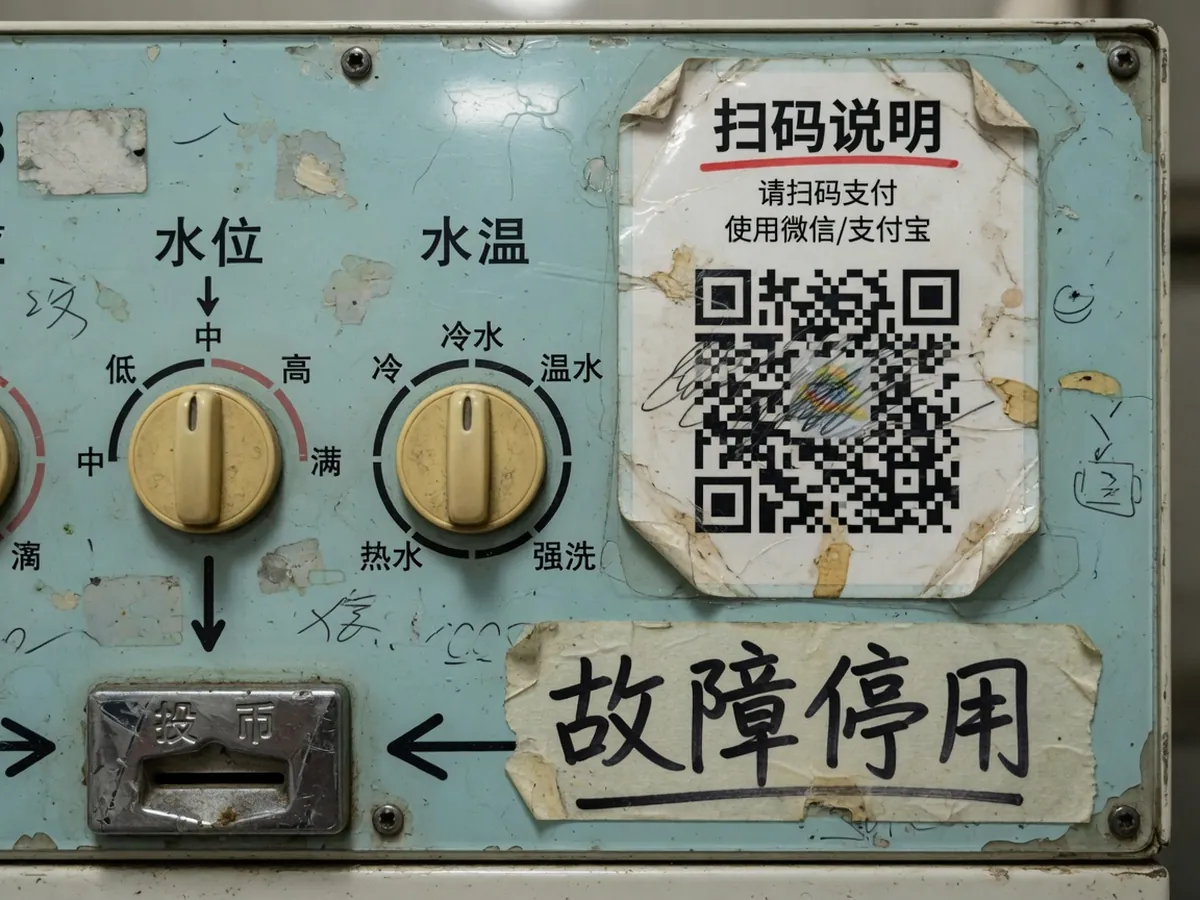 搪瓷洗衣机面板上的改装扫码片，投币口闲置