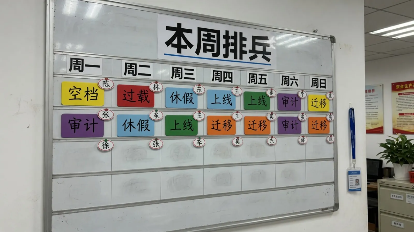 咨询所墙上的磁性排期板：人名磁贴、项目色块与过载标