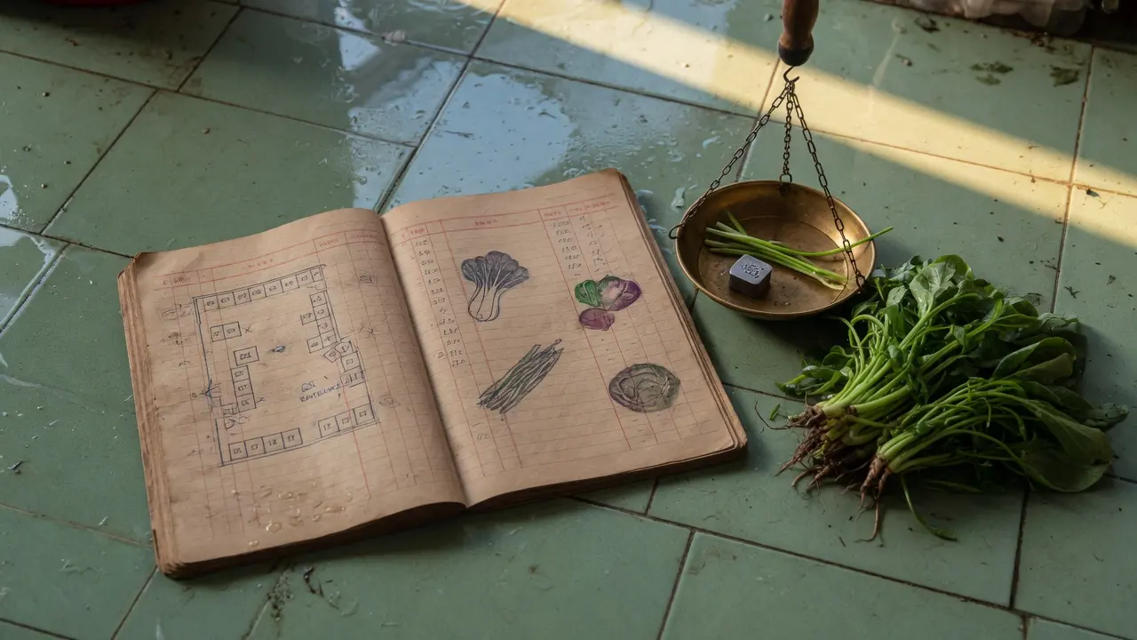 湿菜市场瓷砖上摊开的牛皮账本、杆秤与一捆青菜