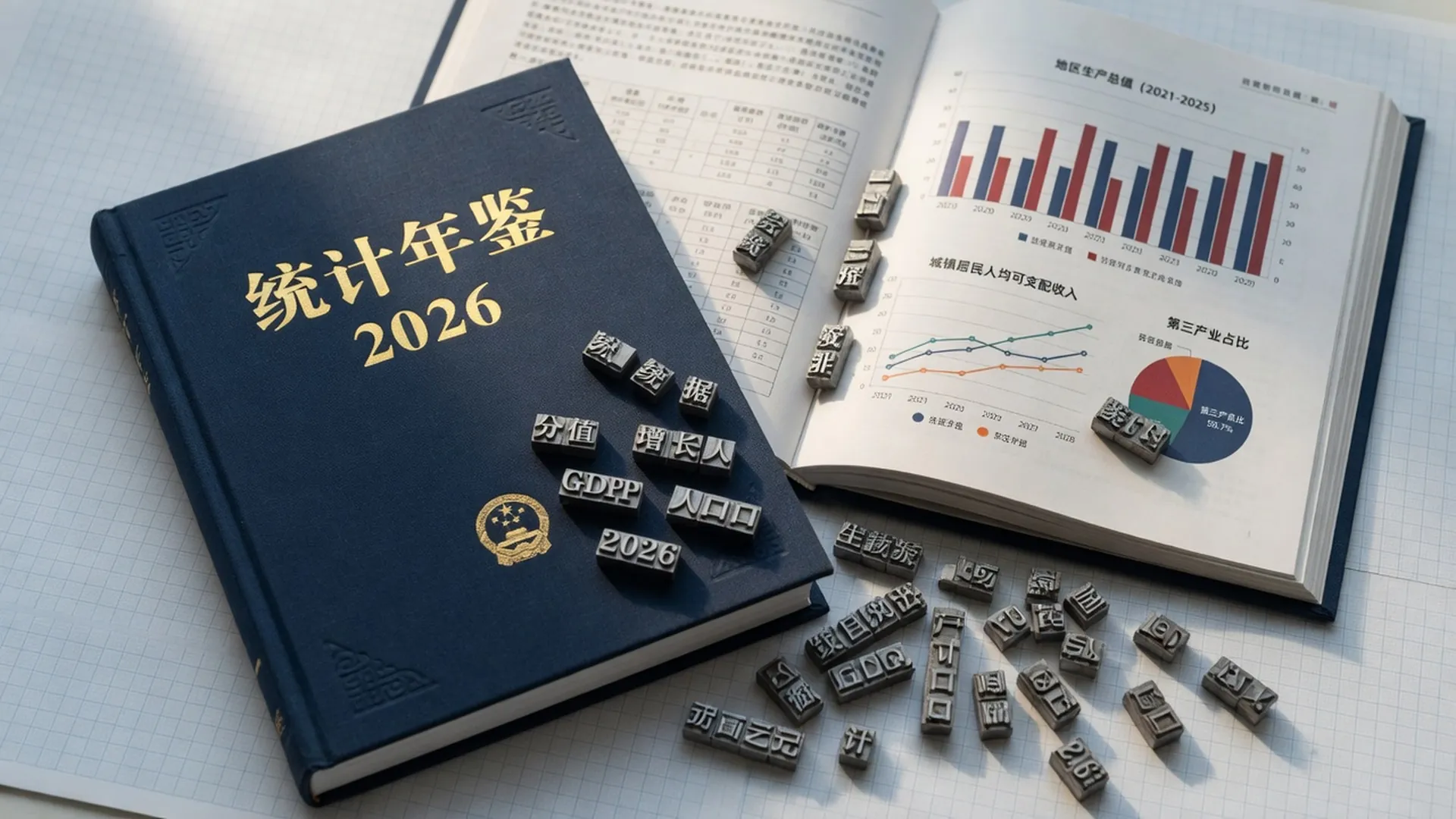 年鉴布面蓝：打开的统计年鉴、铅字与坐标纸