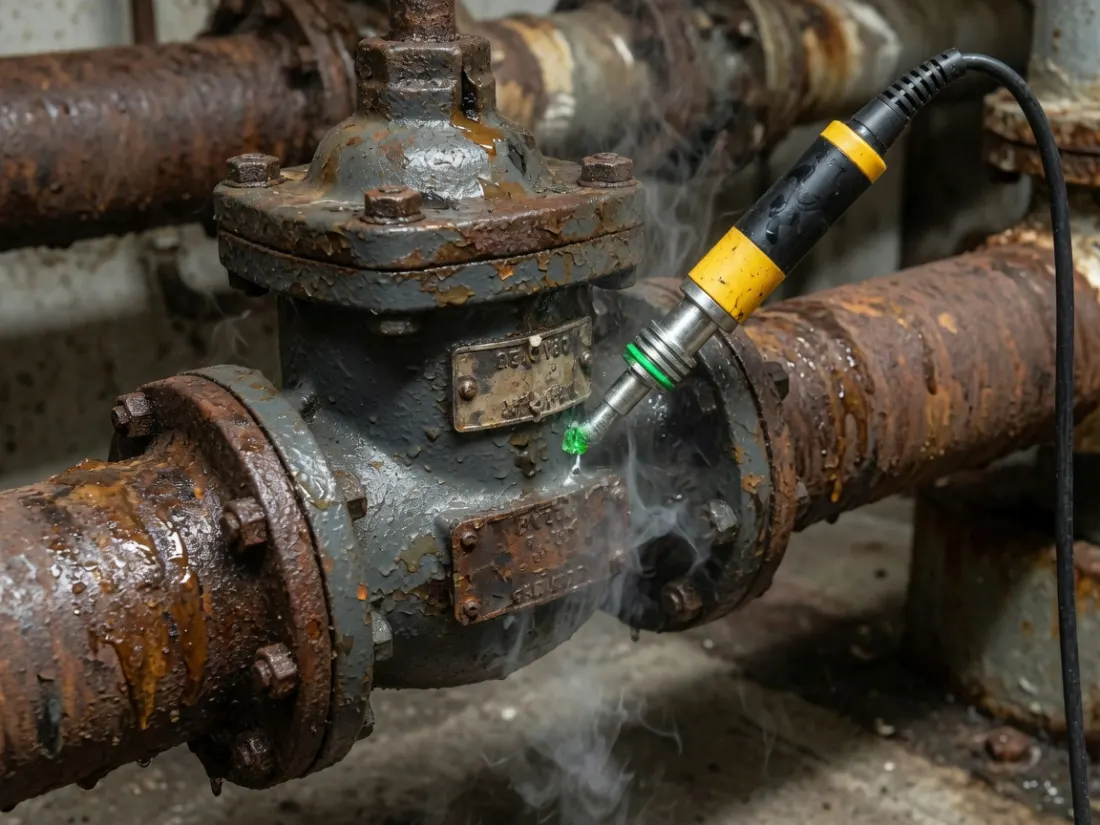 锈蚀疏水阀阀体上贴着超声波探头，法兰缝冒出细汽