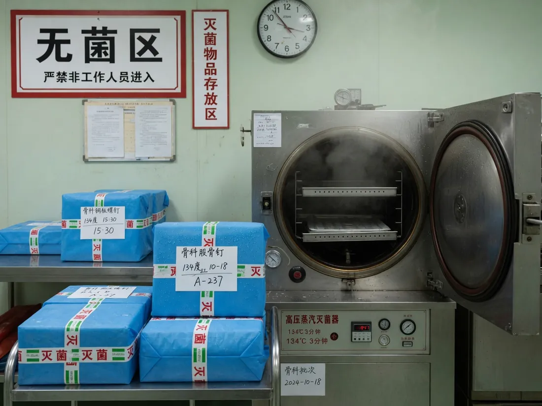 灭菌柜开门，蒸汽与指示胶带