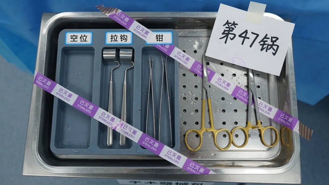 俯视手术器械托盘：槽位有空位，灭菌指示胶带贴在盘边