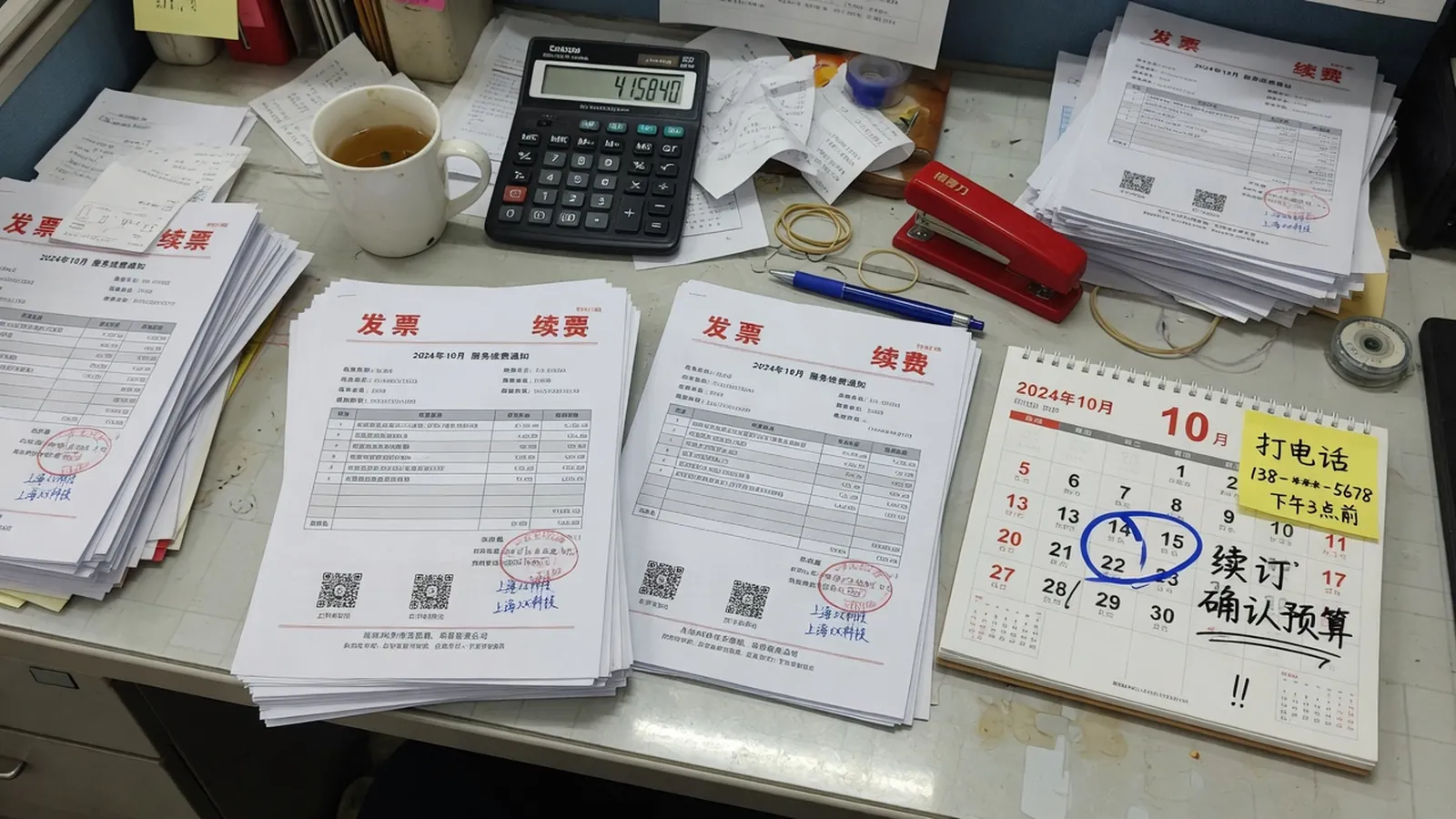 办公桌上成摞 SaaS 发票与圈出续订日的台历