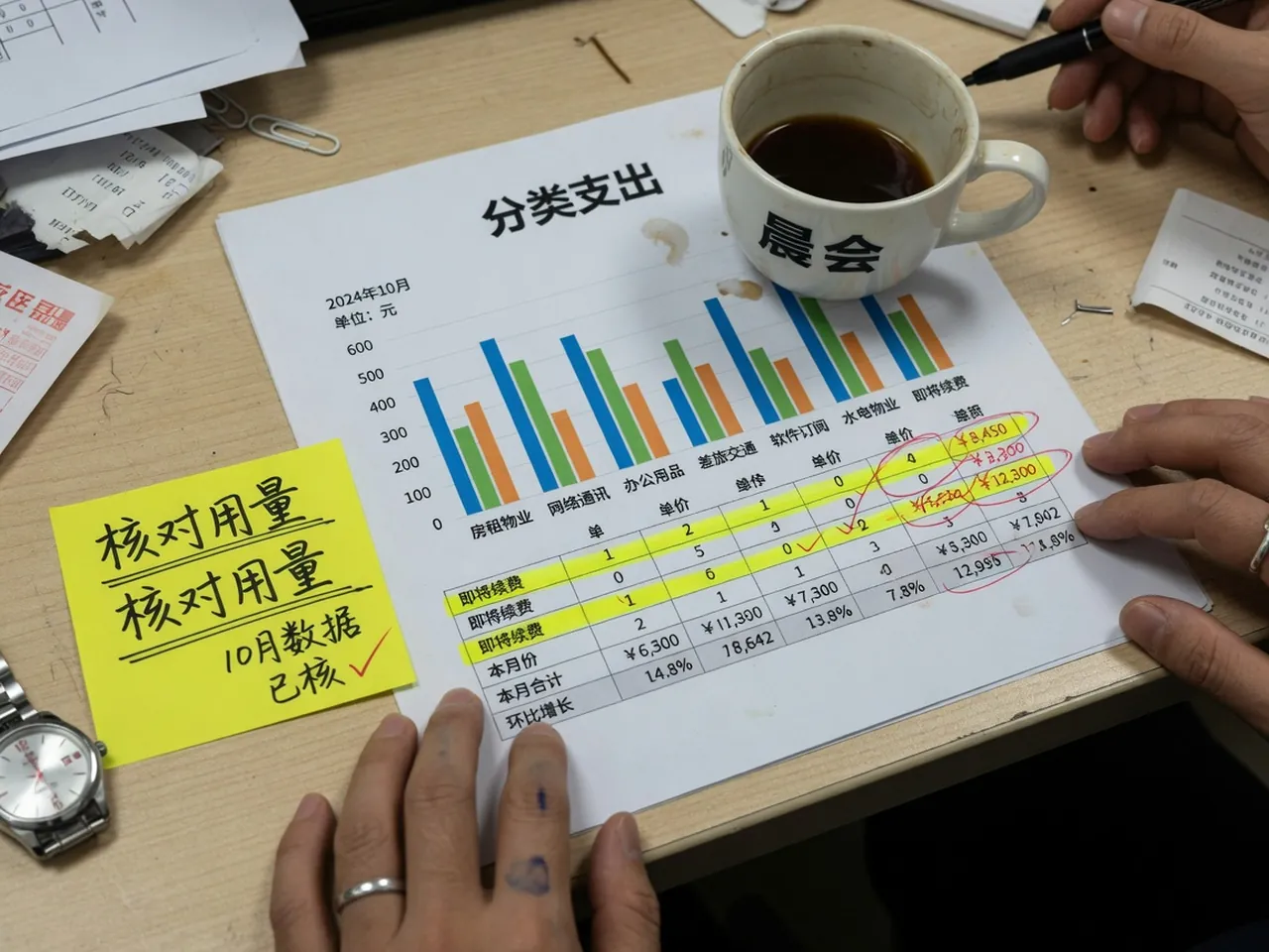 品类支出表与荧光笔