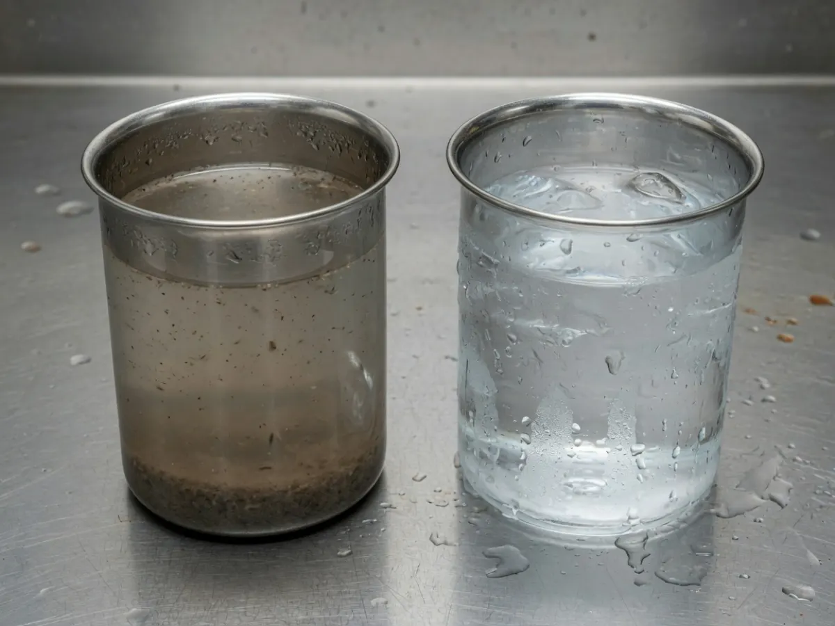 浊洗液与清冰水并排的不锈钢杯