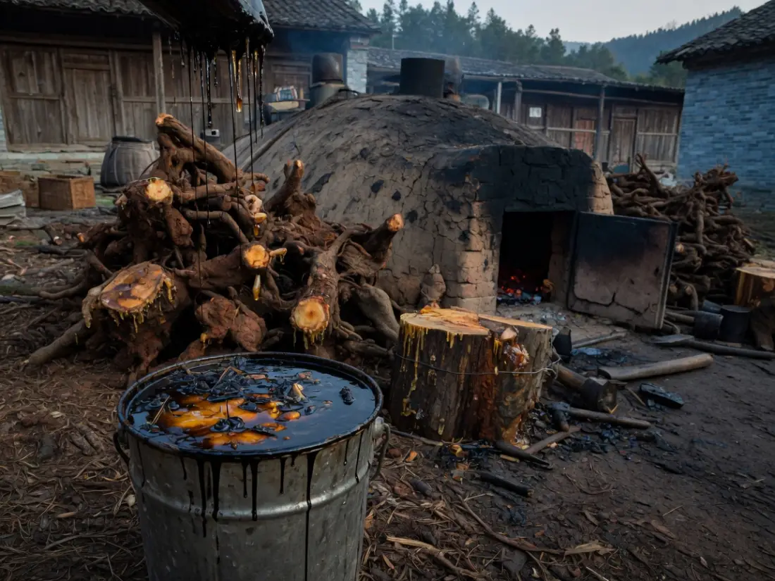 松根装窑与焦油滴入桶