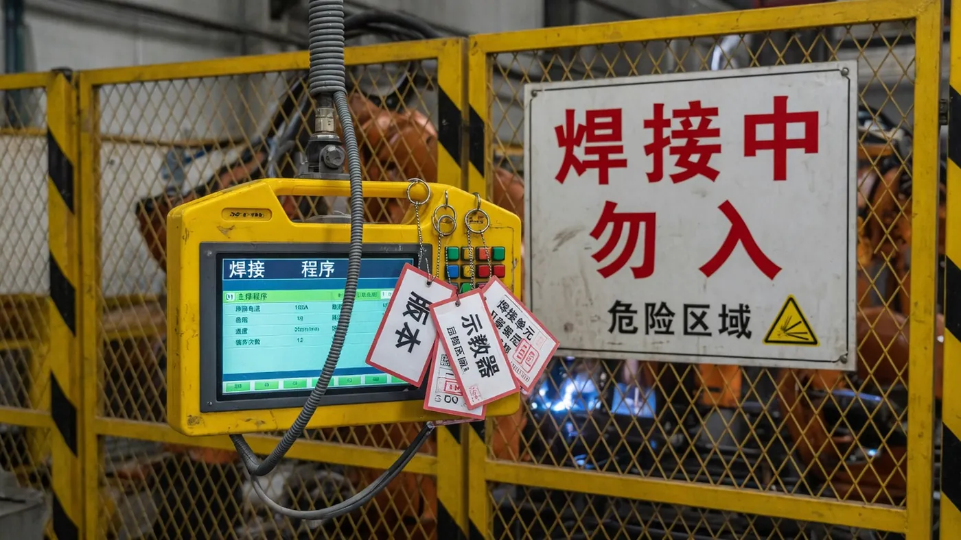 示教器挂在黄螺旋线上，三张版本吊牌，围栏网格在后