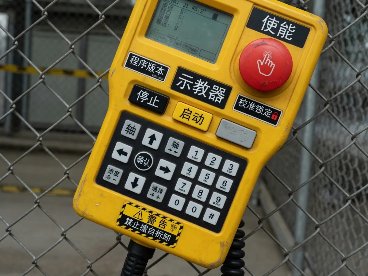 黄色示教器特写与使能开关