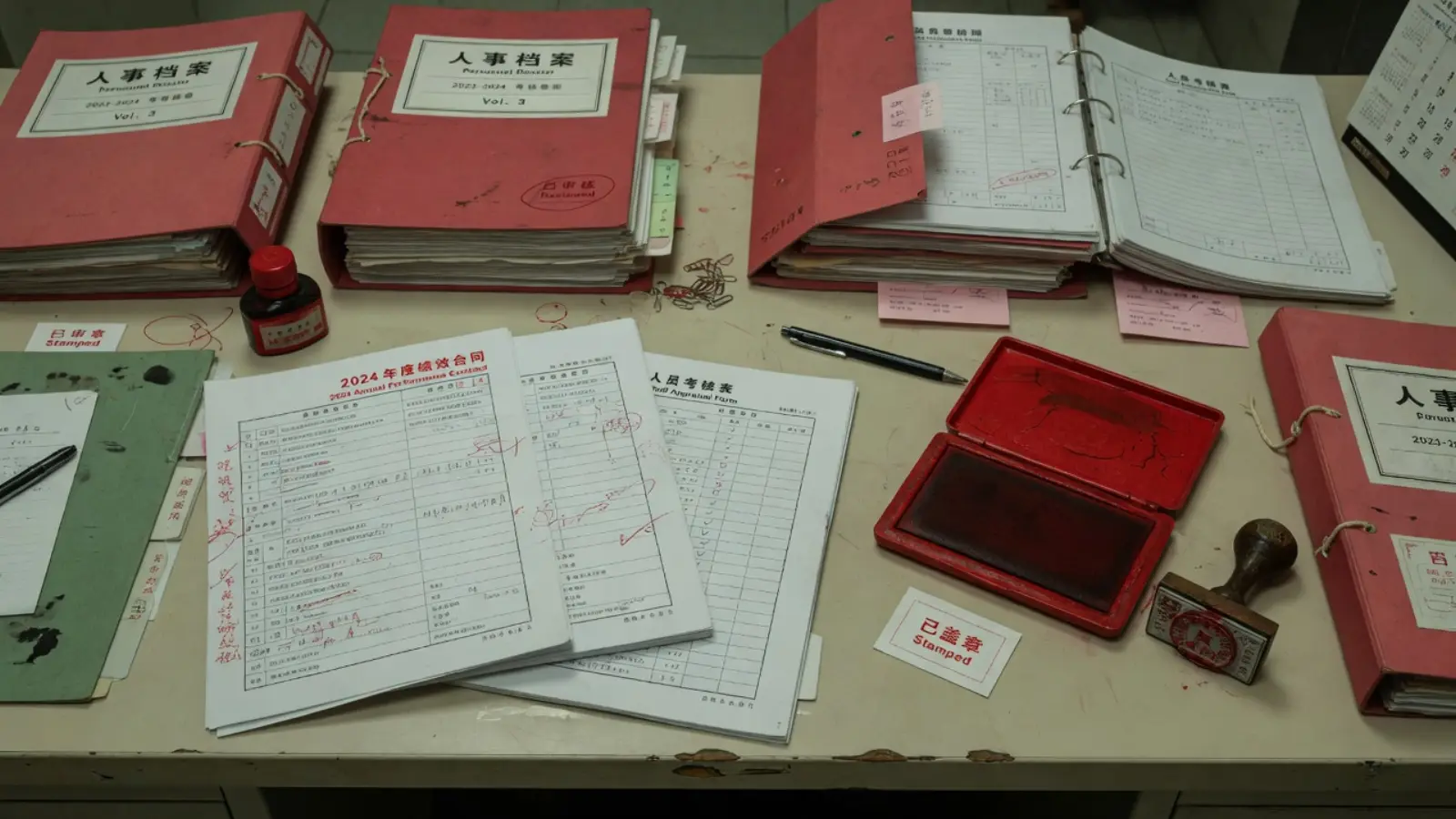 人事档案与年度绩效合同摊在桌上，红印泥与已盖章