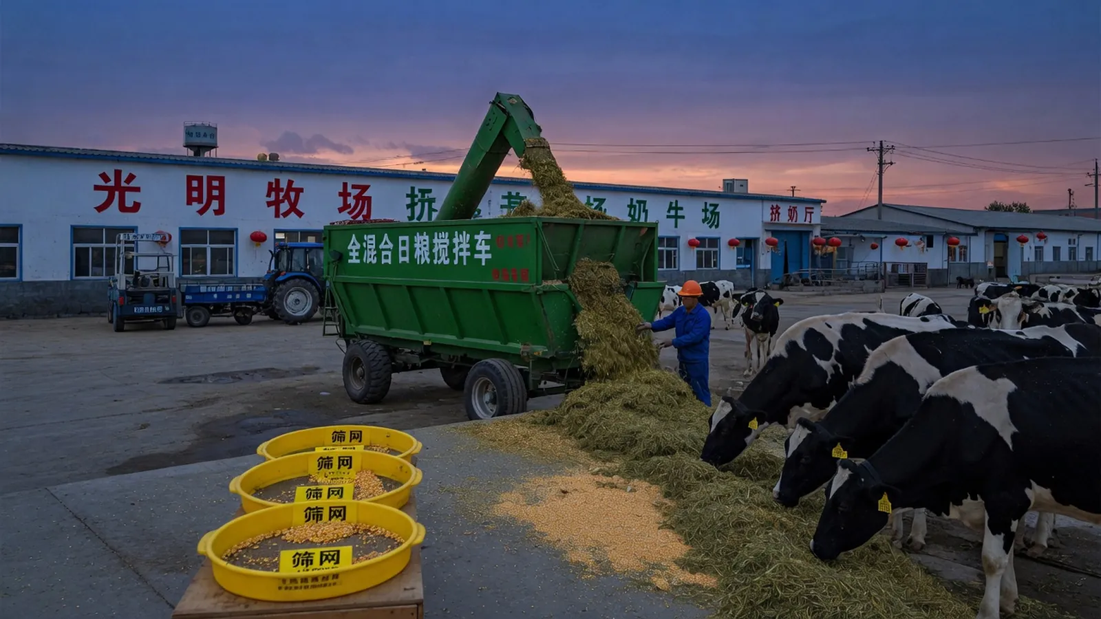 TMR 搅拌车装入长茎秆与玉米，前景宾州筛黄盒，槽边奶牛