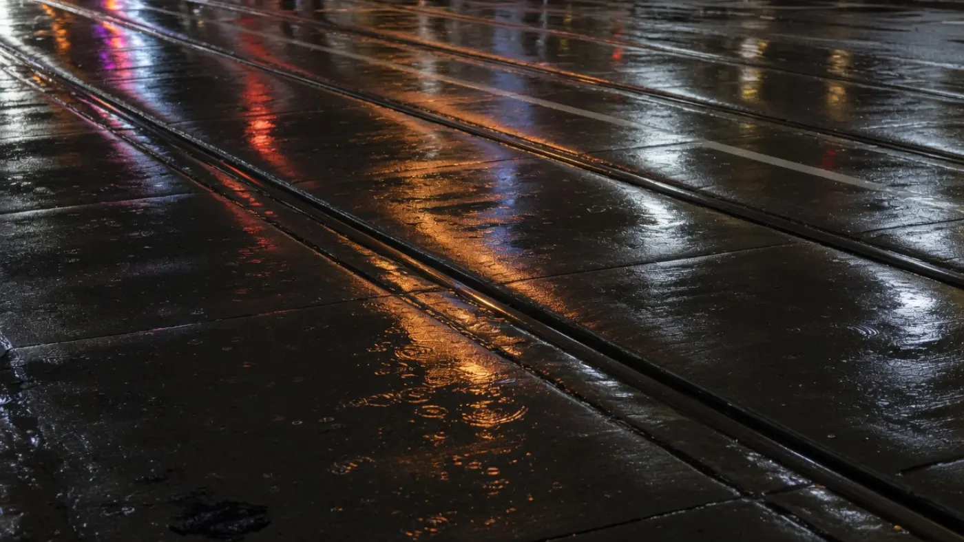 雨夜嵌在柏油里的有轨电车槽轨，钢轨发亮