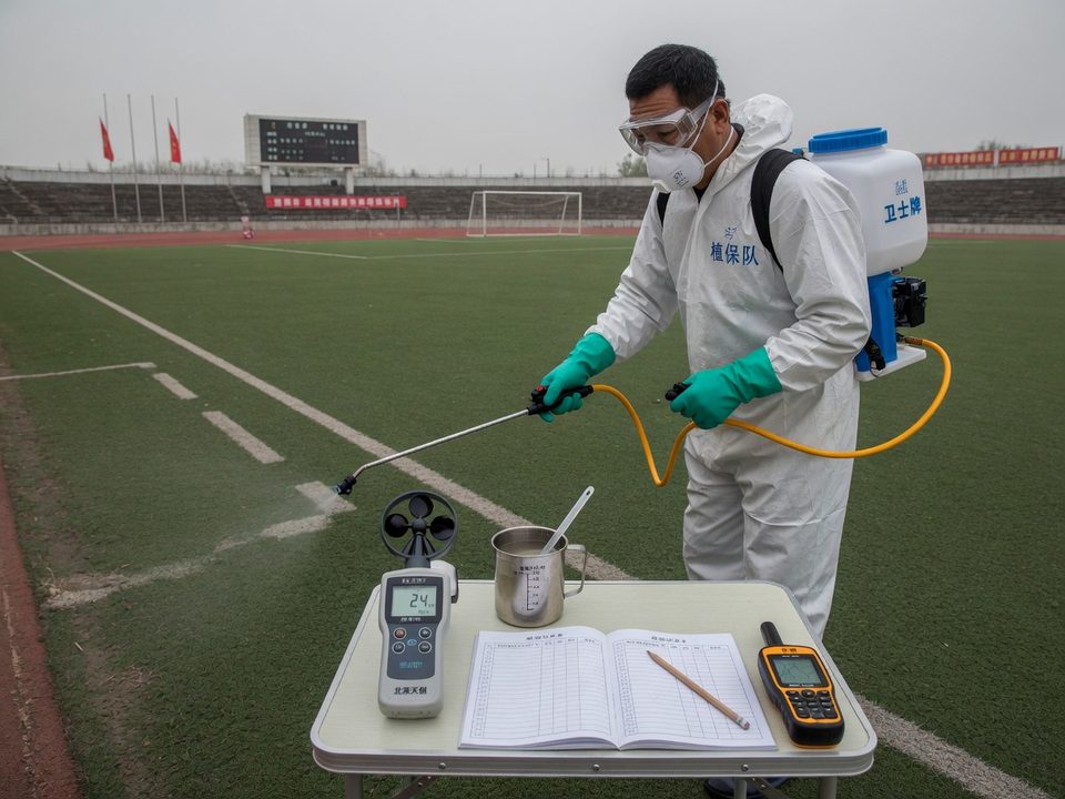 持证施药人在草坪边缘喷施，前景是风速仪、量杯、空白日志与手持定位仪