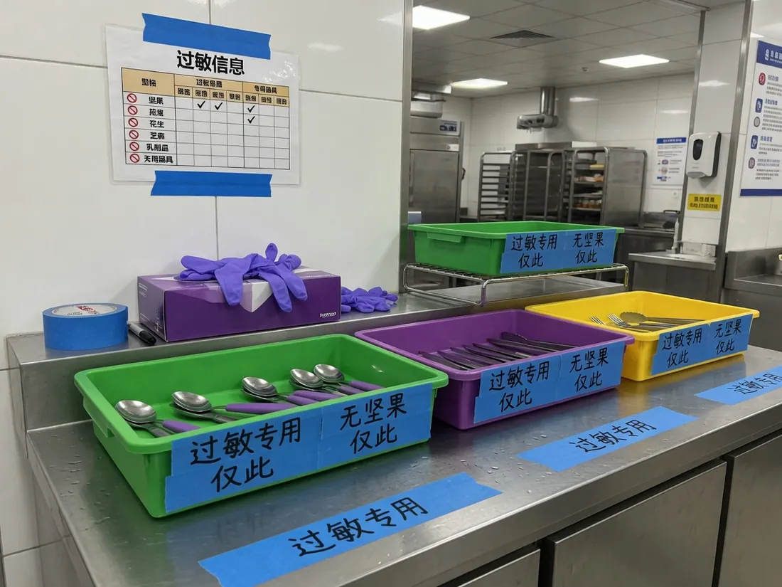 配餐厨房过敏原工位：独立器具与无坚果托盘