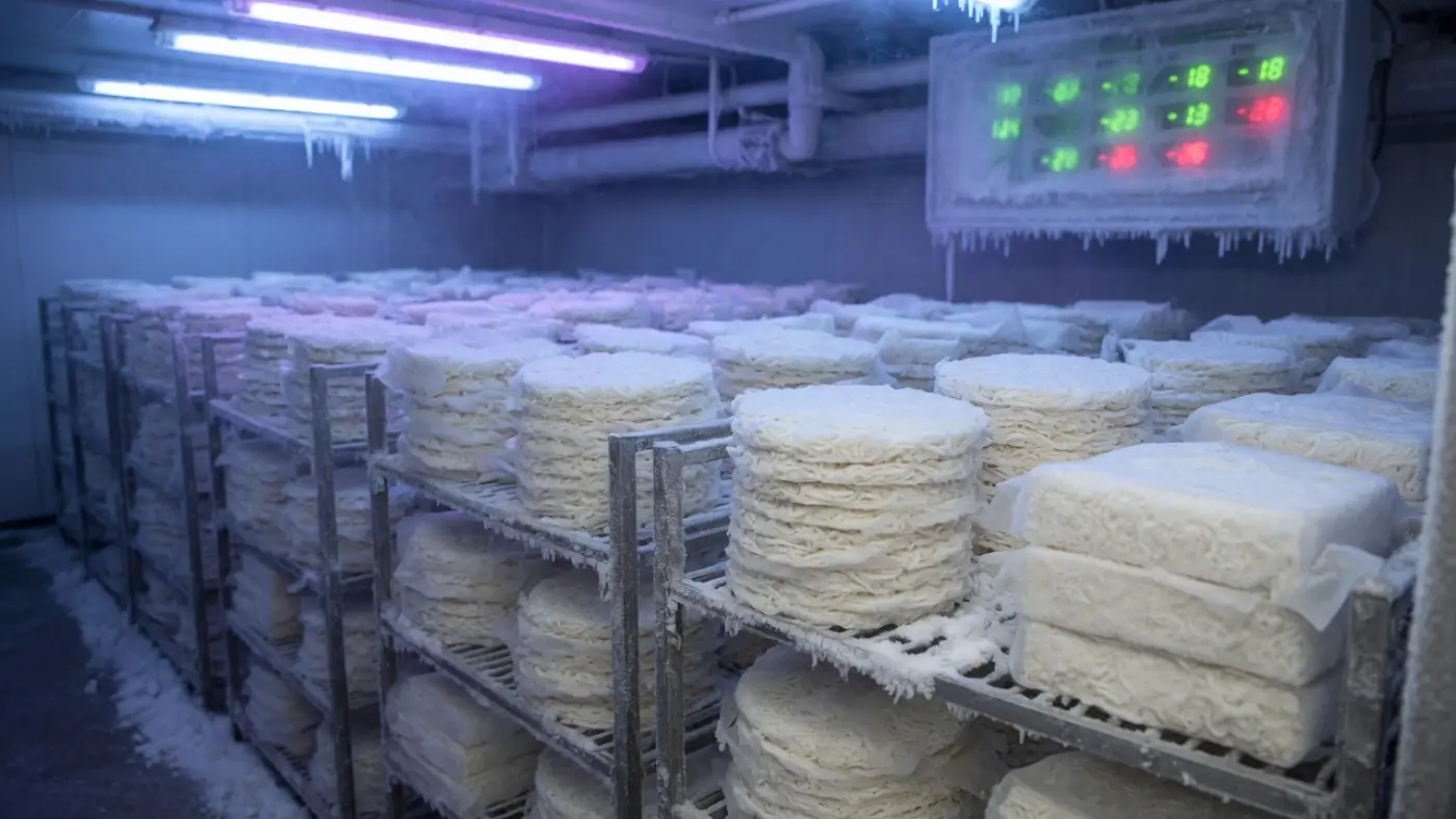 冷冻老化库：粉丝饼码在霜架上