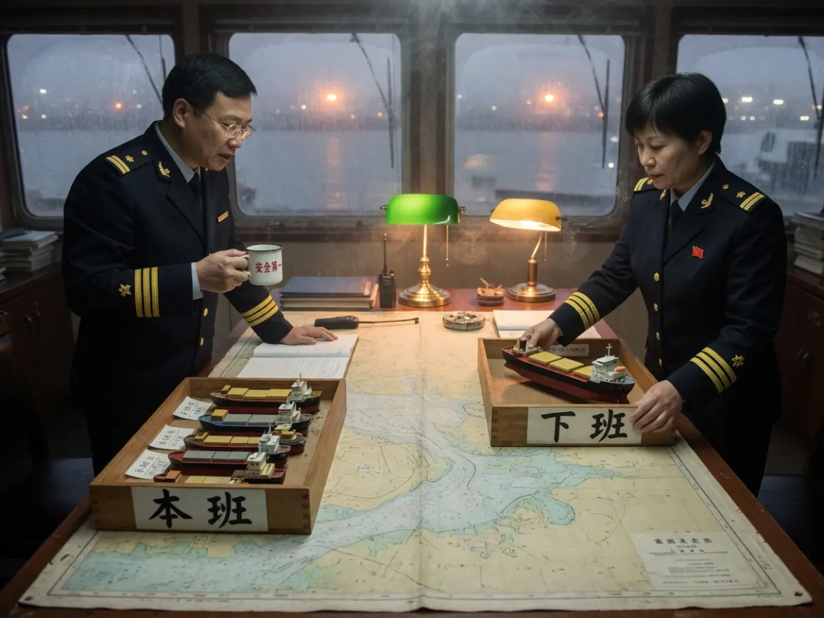 交接班：值班员把船模放进标有下班与本班的木托盘，窗外是雾